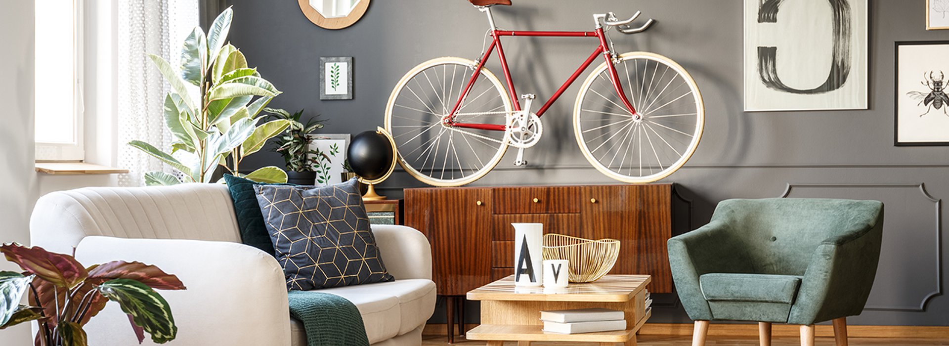 Large apartment with accents and a bike hanging on the wall